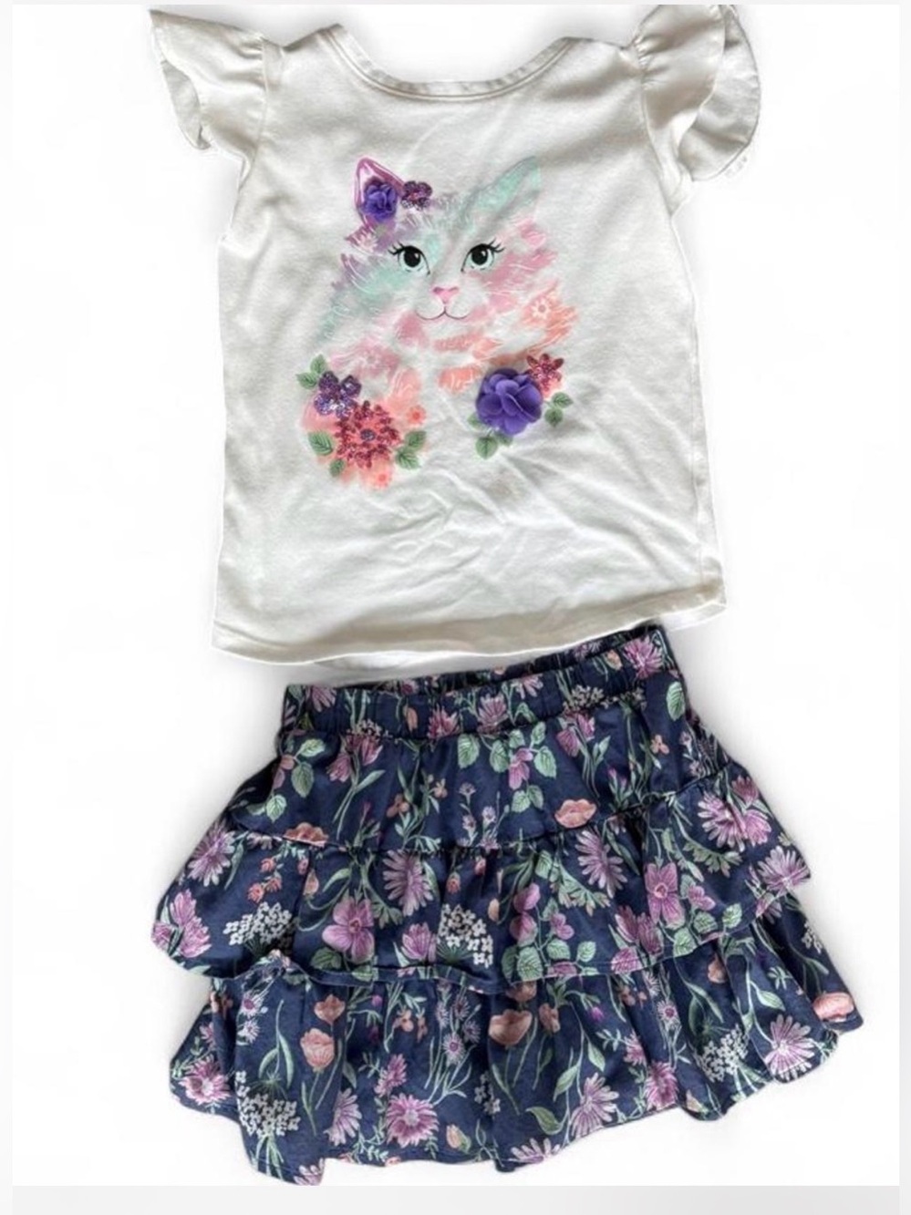 jumping beans White Cat Graphic Top with Navy Floral Tiered Skirt